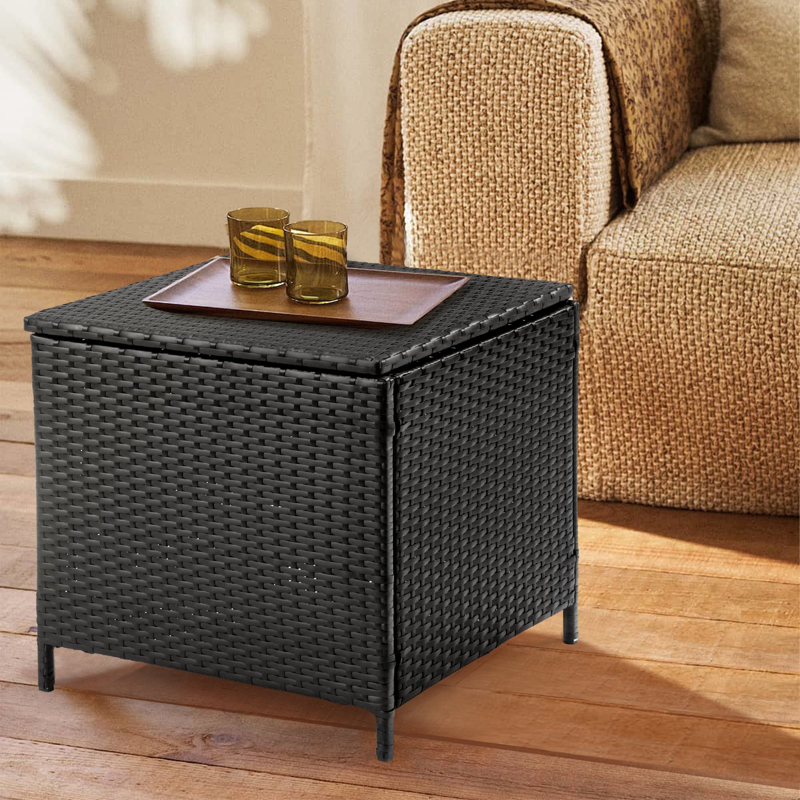HAOYYE Outdoor PE Wicker Side Table with Storage Patio Rattan End Table Square Container for Furniture Covers Toys Gardening Tools Black All-Weather Design