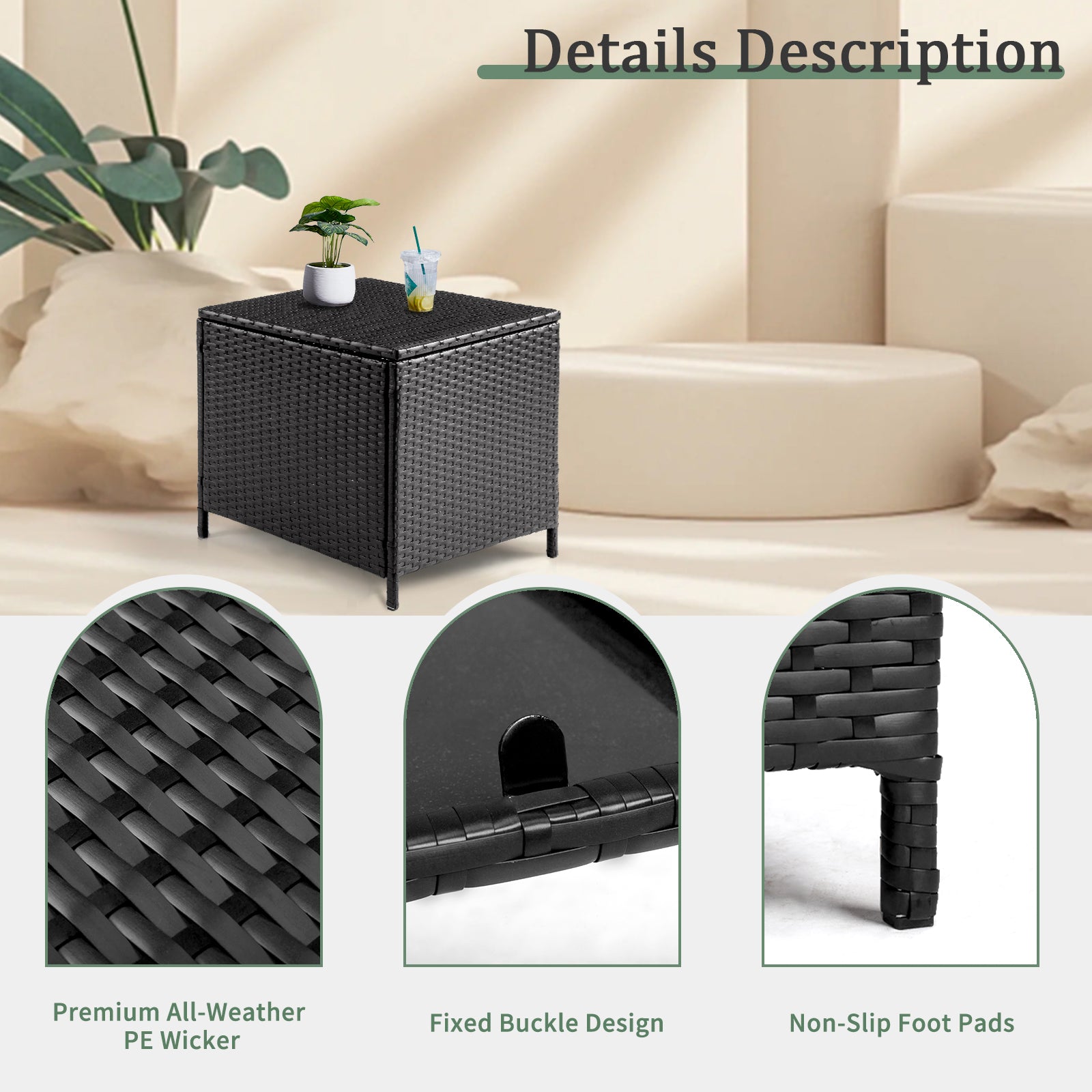 HAOYYE Outdoor PE Wicker Side Table with Storage Patio Rattan End Table Square Container for Furniture Covers Toys Gardening Tools Black All-Weather Design