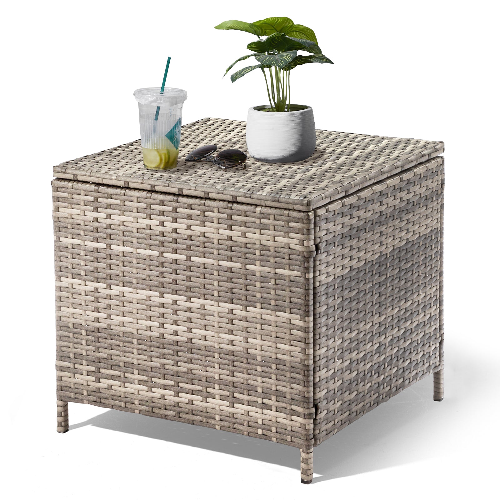 HAOYYE Outdoor PE Wicker Side Table with Storage Bin, Square Rattan Patio End Table for Furniture Covers Toys Gardening Tools and Outdoor Essentials, Grey Weather Resistant Storage Container for Porch Garden Balcony