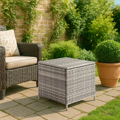 HAOYYE Outdoor PE Wicker Side Table with Storage Bin, Square Rattan Patio End Table for Furniture Covers Toys Gardening Tools and Outdoor Essentials, Grey Weather Resistant Storage Container for Porch Garden Balcony