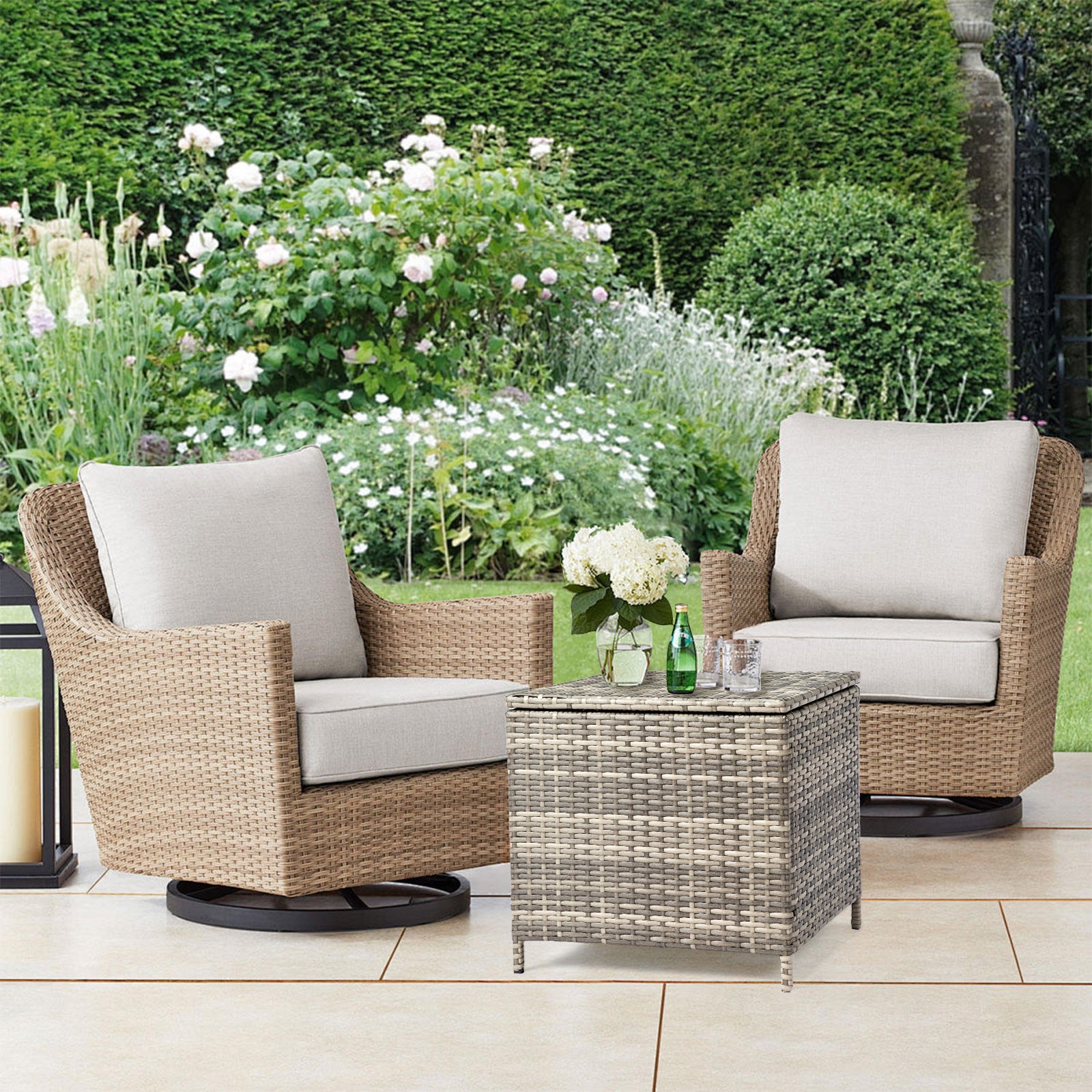HAOYYE Outdoor PE Wicker Side Table with Storage Bin, Square Rattan Patio End Table for Furniture Covers Toys Gardening Tools and Outdoor Essentials, Grey Weather Resistant Storage Container for Porch Garden Balcony