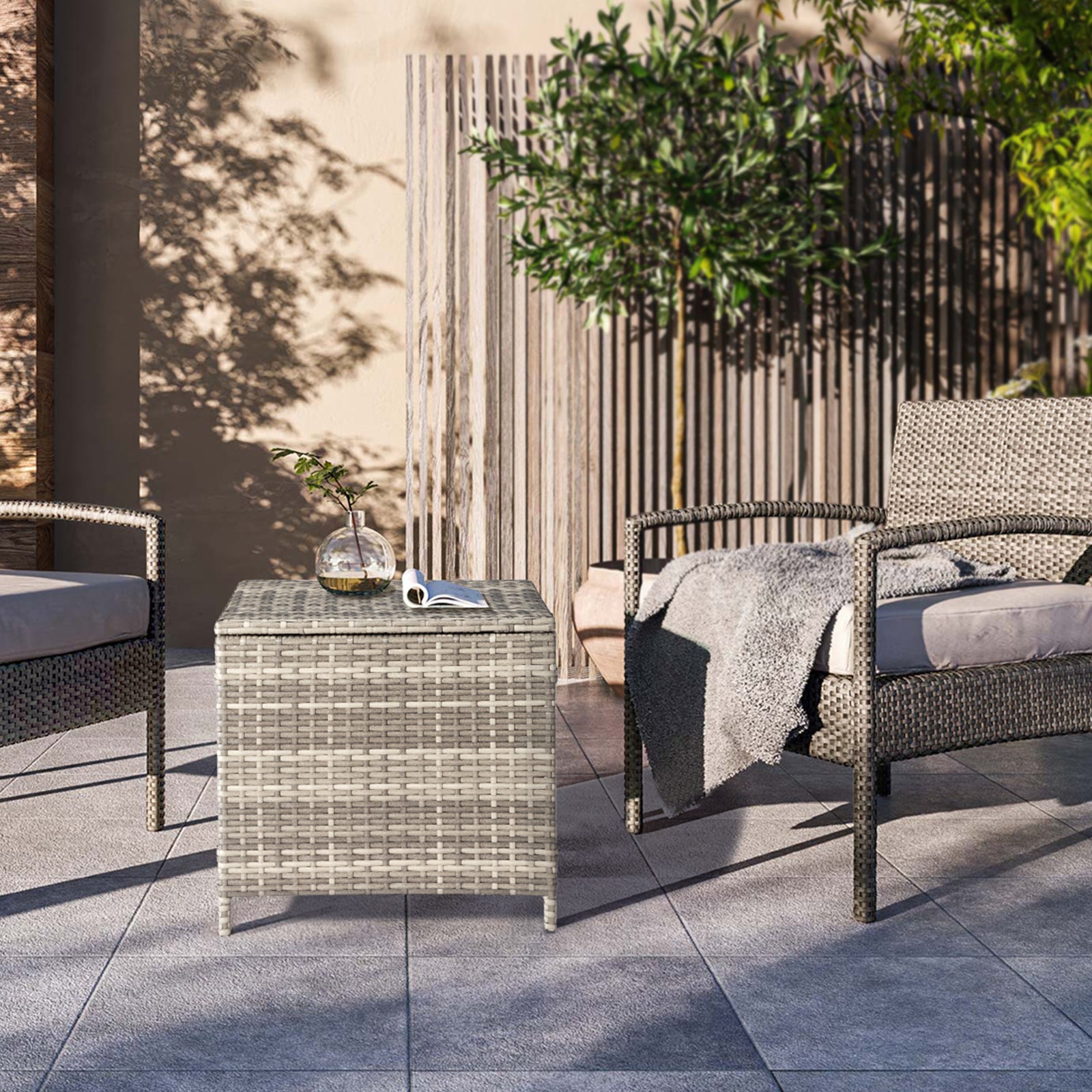 HAOYYE Outdoor PE Wicker Side Table with Storage Bin, Square Rattan Patio End Table for Furniture Covers Toys Gardening Tools and Outdoor Essentials, Grey Weather Resistant Storage Container for Porch Garden Balcony