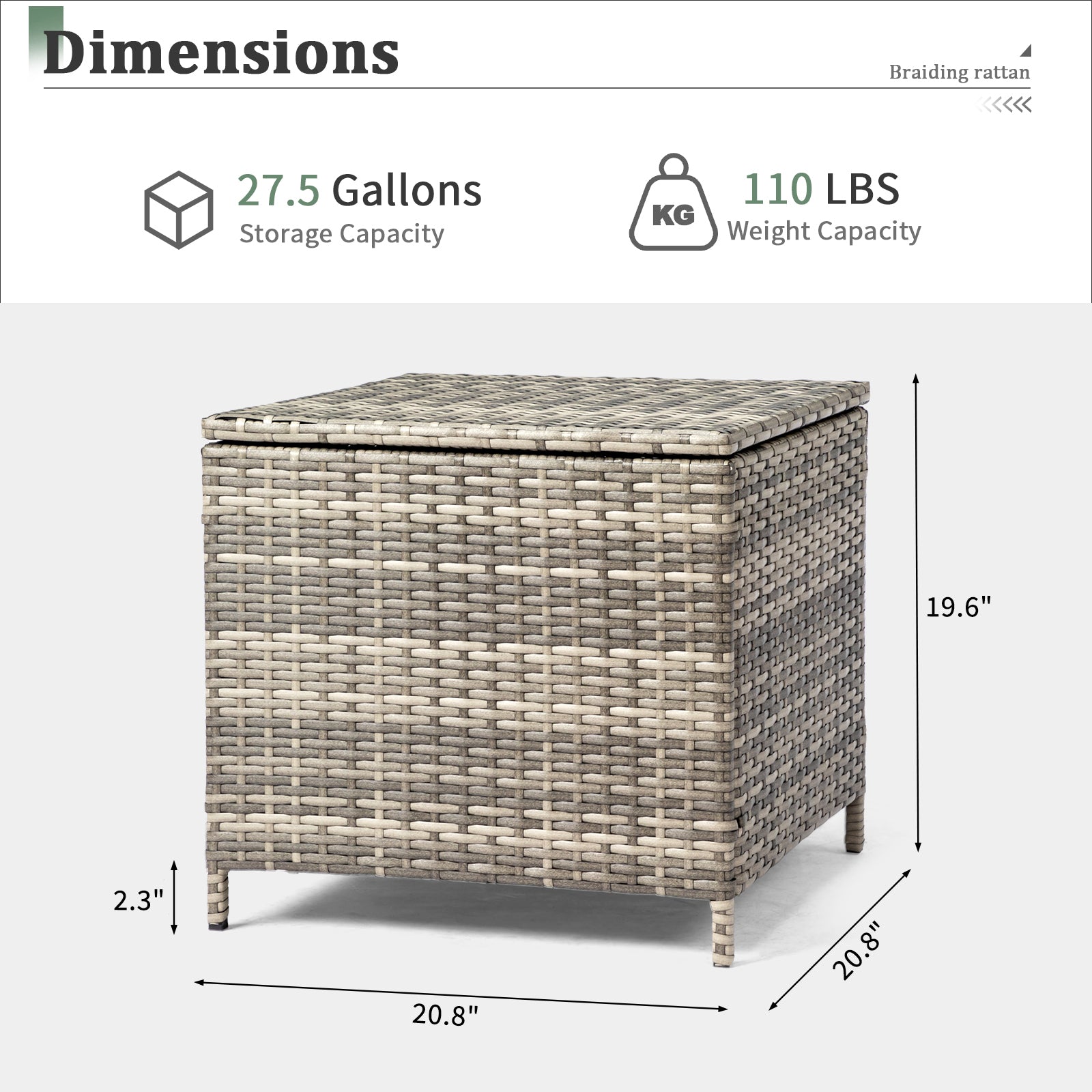 HAOYYE Outdoor PE Wicker Side Table with Storage Bin, Square Rattan Patio End Table for Furniture Covers Toys Gardening Tools and Outdoor Essentials, Grey Weather Resistant Storage Container for Porch Garden Balcony