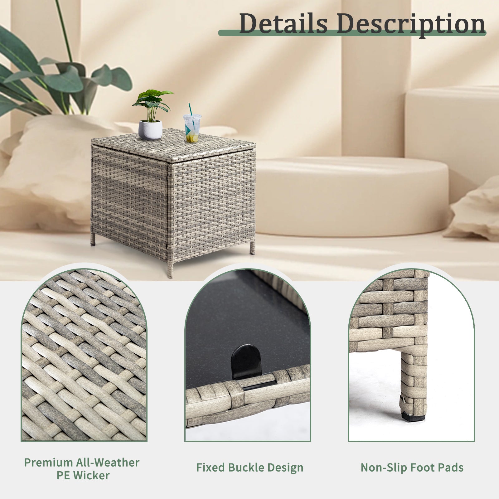 HAOYYE Outdoor PE Wicker Side Table with Storage Bin, Square Rattan Patio End Table for Furniture Covers Toys Gardening Tools and Outdoor Essentials, Grey Weather Resistant Storage Container for Porch Garden Balcony