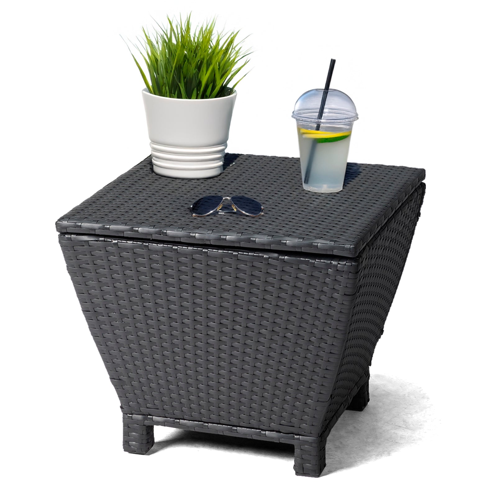 HAOYYE Outdoor PE Wicker Side Table with Storage Bin Container for Patio Garden Balcony Use, Small Rattan End Table for Hose Towel Cushion Organization, Black Weather Resistant Accent Table
