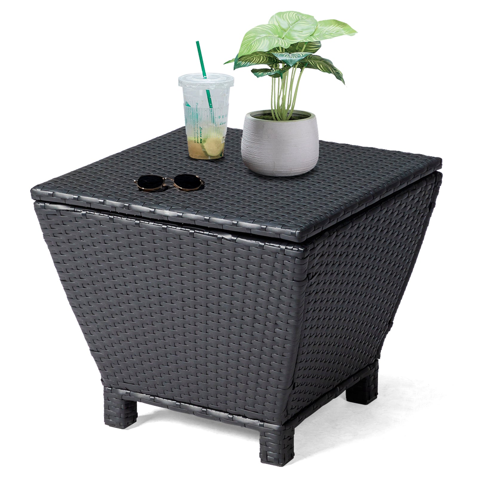 HAOYYE Outdoor PE Wicker Side Table with Storage Bin Container for Patio Garden Balcony Use, Small Rattan End Table for Hose Towel Cushion Organization, Black Weather Resistant Accent Table