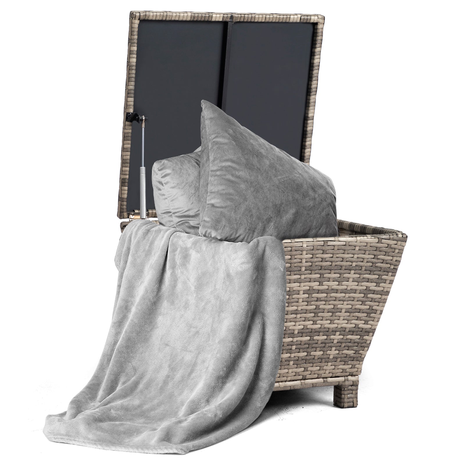 HAOYYE Outdoor PE Wicker Side Table with Hidden Storage Grey Small Patio Storage Box Container for Garden Hose Towels Cushions Weather Resistant Rattan End Table for Balcony Porch Deck Poolside