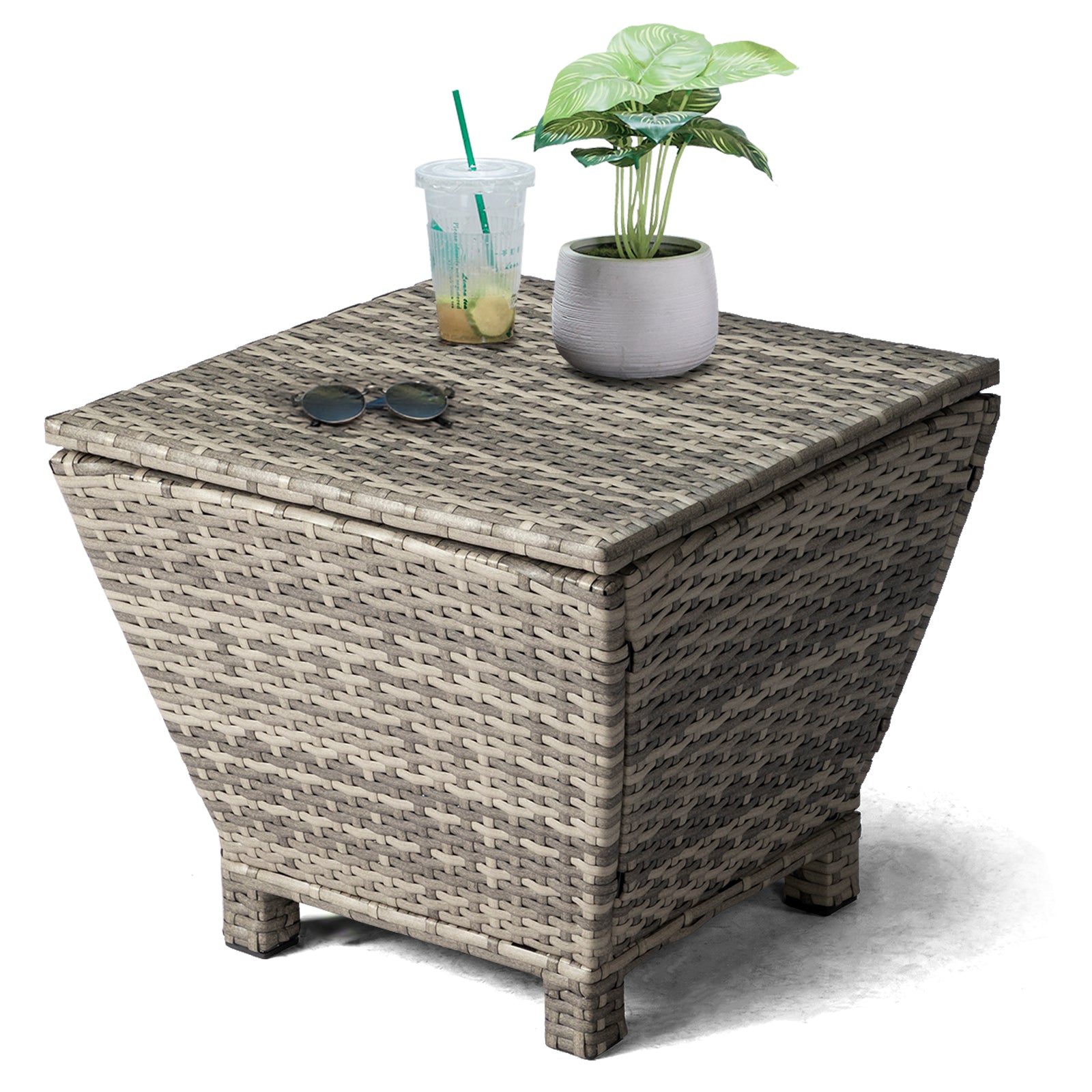 HAOYYE Outdoor PE Wicker Side Table with Hidden Storage Grey Small Patio Storage Box Container for Garden Hose Towels Cushions Weather Resistant Rattan End Table for Balcony Porch Deck Poolside