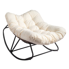 HAOYYE Oversized Rattan Papasan Chair Outdoor Steel Frame Wicker Rocking Seat with Thick Padded Cushion Comfortable Patio Porch Living Room Backyard Furniture Brown Wicker Beige Cushion