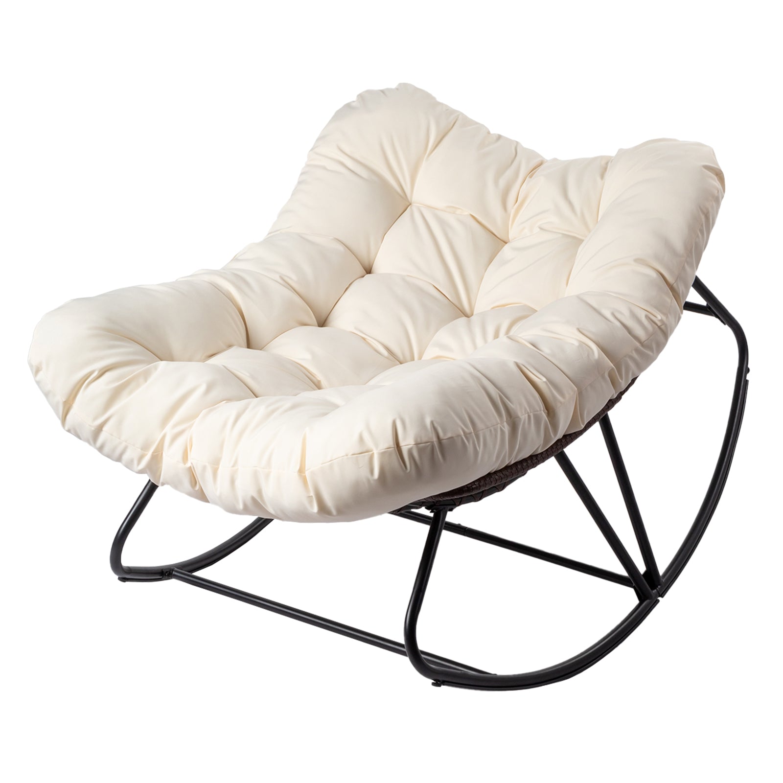 HAOYYE Oversized Rattan Papasan Chair Outdoor Steel Frame Wicker Rocking Seat with Thick Padded Cushion Comfortable Patio Porch Living Room Backyard Furniture Brown Wicker Beige Cushion