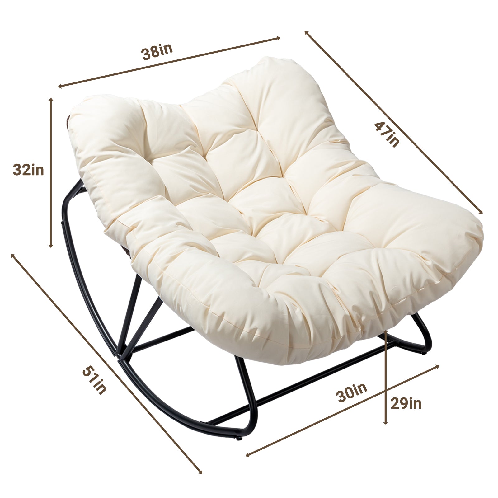 HAOYYE Oversized Rattan Papasan Chair Outdoor Steel Frame Wicker Rocking Seat with Thick Padded Cushion Comfortable Patio Porch Living Room Backyard Furniture Brown Wicker Beige Cushion