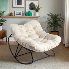 HAOYYE Oversized Rattan Papasan Chair Outdoor Steel Frame Wicker Rocking Seat with Thick Padded Cushion Comfortable Patio Porch Living Room Backyard Furniture Brown Wicker Beige Cushion