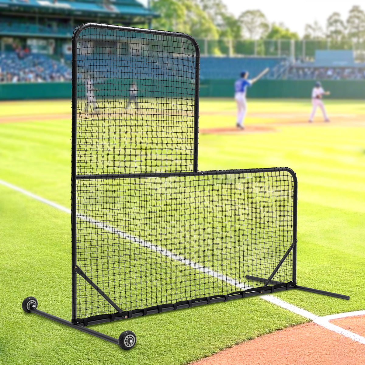 HAOYYE L-Shaped Baseball Pitching Net Black with Wheels, Portable Heavy-Duty Batting Cage Screen for Training, Easy Assembly with Carry Bag, Ideal for Backyard and League Use