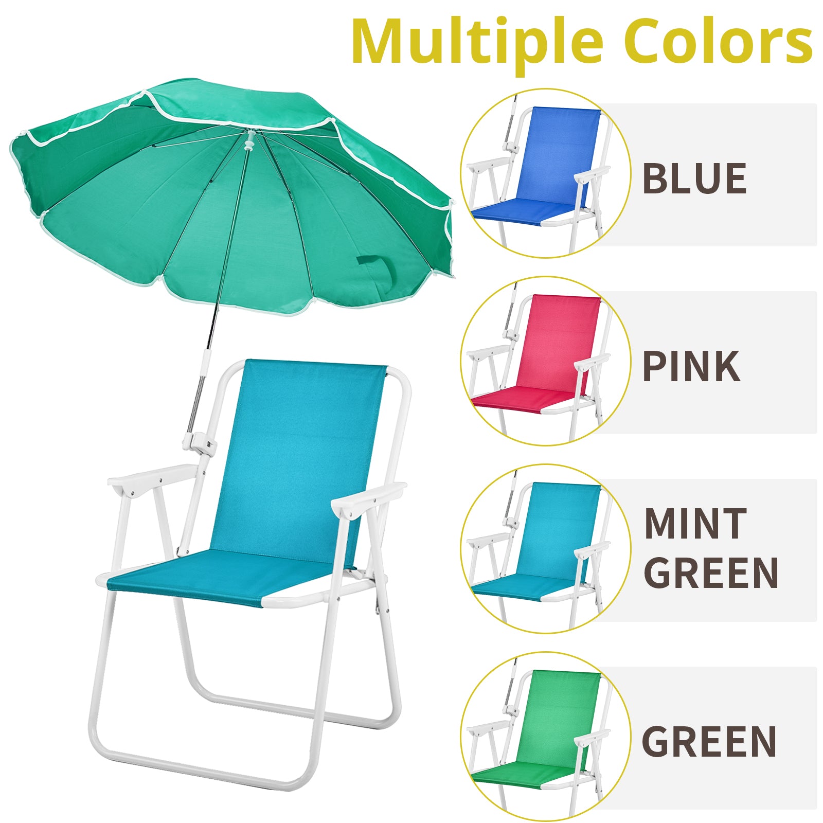 HAOYYE Folding Beach Chair with Umbrella for Adults, Lightweight Portable Camping Chair with Cup Holder and Carry Bag, 265lbs Capacity for Travel, Picnic, Patio, Poolside, Fishing, Concert, Outdoor Relaxation and Backyard Lounging, Mint Green