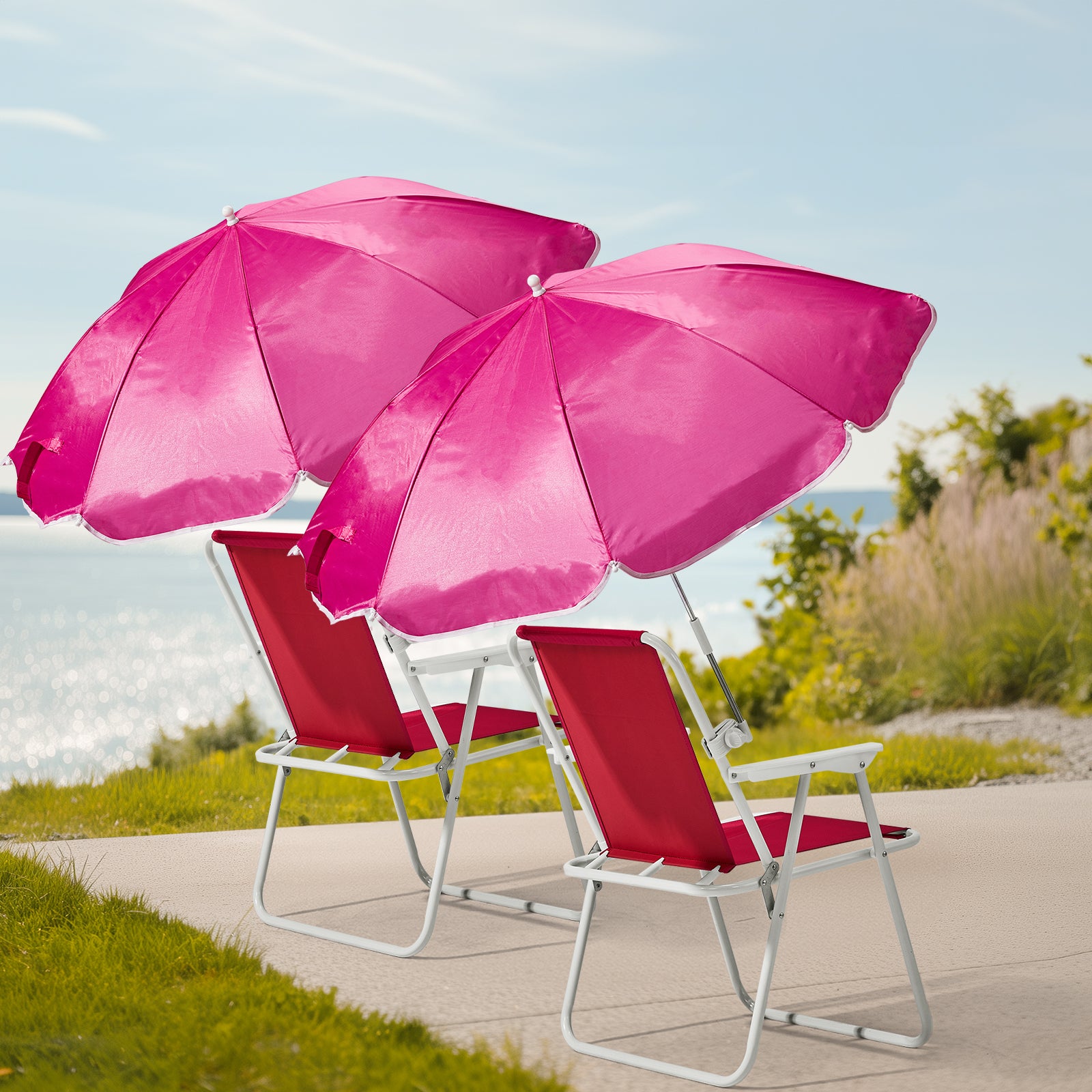 HAOYYE Folding Beach Chair with Umbrella for Adults, Lightweight Portable Camping Chair with Cup Holder and Carry Bag, 265lbs Capacity for Travel, Picnic, Poolside, Patio, Hiking, Fishing, Outdoor Concerts and Backyard Relaxation, Pink