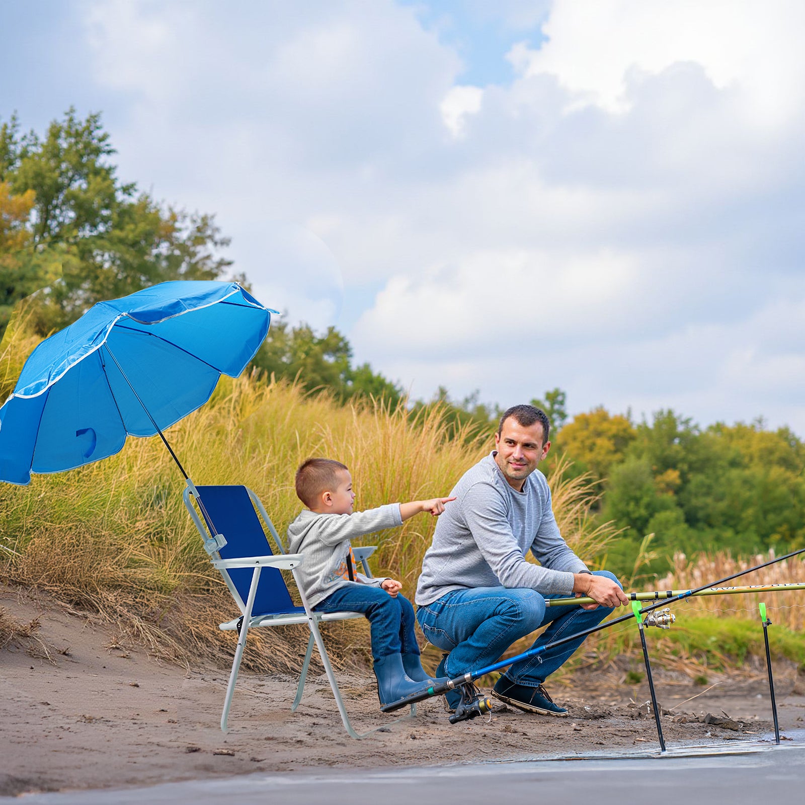 HAOYYE Folding Beach Chair with Umbrella for Adults, Lightweight Portable Outdoor Camping Chair with Cup Holder and Carry Bag, 265lbs Capacity for Travel, Picnic, Patio, Poolside, Hiking, Fishing, Backyard, Concert, Blue
