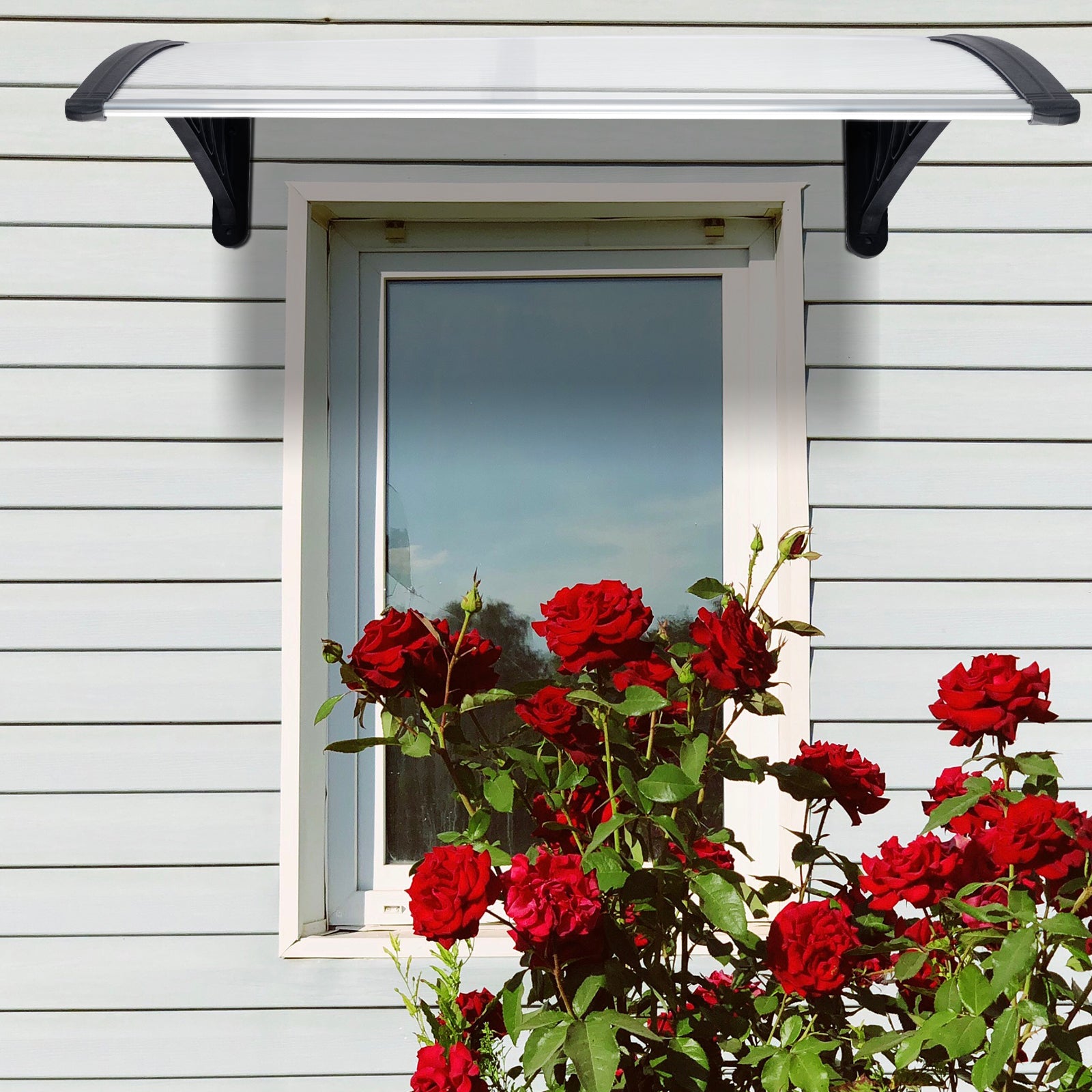 HAOYYE Black Door and Window Rain Cover Eaves Canopy, Durable ABS and Polycarbonate Construction with Aluminum Brackets, Easy to Install and Remove, Washable and Quick Dry, Perfect for Home Exterior Decoration and Weather Protection