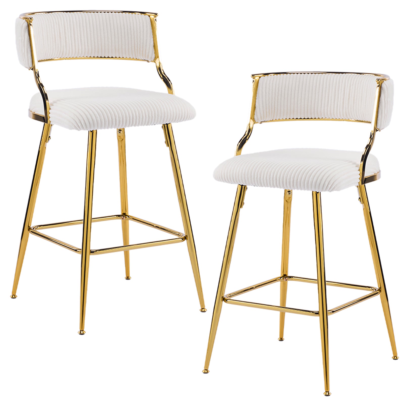 HAOYYE Set of 2 Thick Corduroy Bar Stools with Gold-Plated Iron Feet, Comfortable Upholstered Kitchen Counter Stools, Modern Beige Swivel Chairs for Home Bar and Dining Area, Durable and Stylish Seating Solution