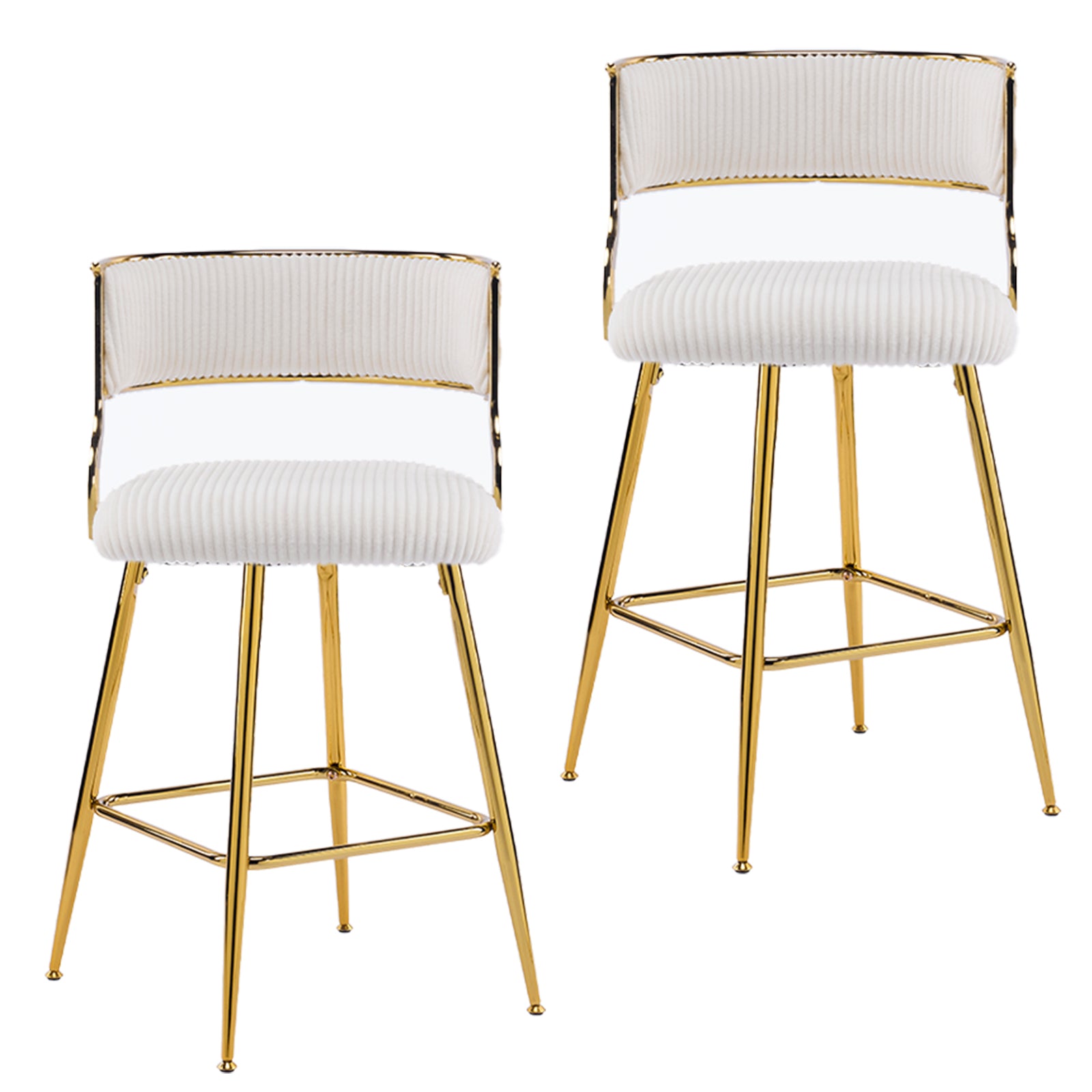 HAOYYE Set of 2 Thick Corduroy Bar Stools with Gold-Plated Iron Feet, Comfortable Upholstered Kitchen Counter Stools, Modern Beige Swivel Chairs for Home Bar and Dining Area, Durable and Stylish Seating Solution