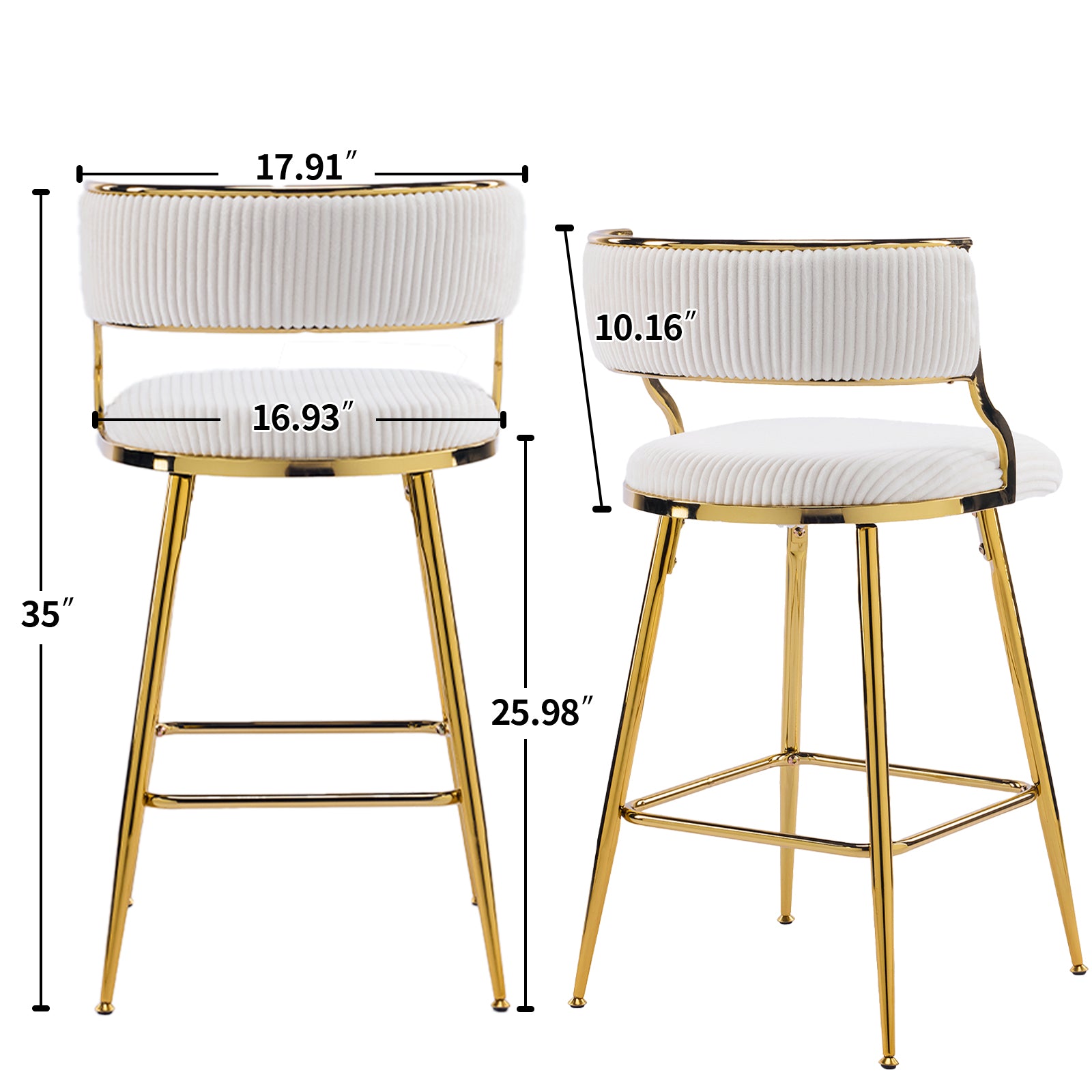 HAOYYE Set of 2 Thick Corduroy Bar Stools with Gold-Plated Iron Feet, Comfortable Upholstered Kitchen Counter Stools, Modern Beige Swivel Chairs for Home Bar and Dining Area, Durable and Stylish Seating Solution