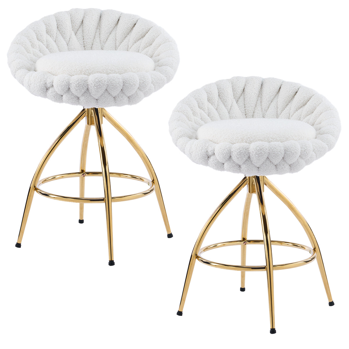 HAOYYE Swivel Bar Stools Set of 2 White Modern Upholstered Counter Height Chairs with Backrest and Metal Base Stylish Comfortable Dining Barstools for Kitchen Island or Home Bar