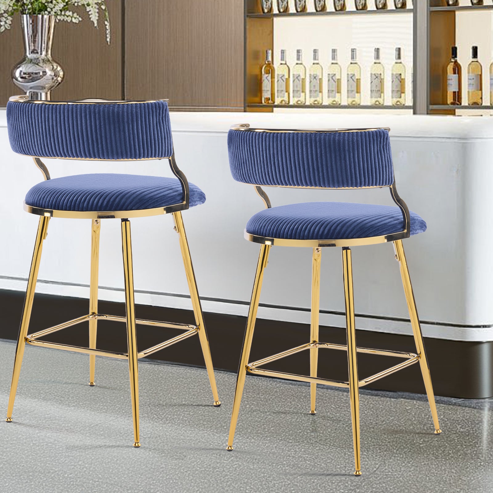 HAOYYE Set Of 2 Thick Corduroy Bar Stools With Gold-Plated Iron Feet, Blue Upholstered Counter Height Stools For Kitchen Island Breakfast Bar, Stylish And Durable Seating For Home And Commercial Use