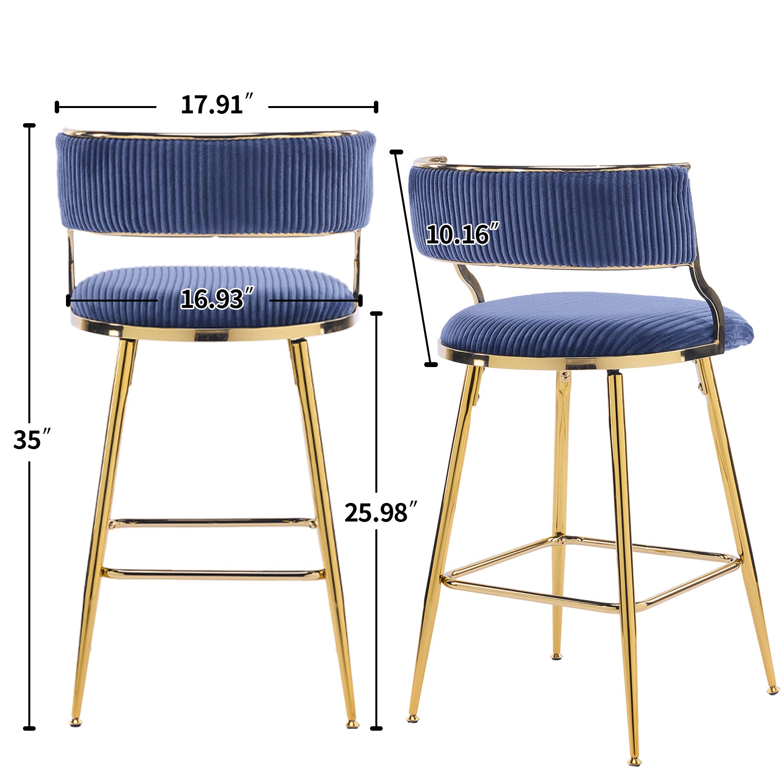 HAOYYE Set Of 2 Thick Corduroy Bar Stools With Gold-Plated Iron Feet, Blue Upholstered Counter Height Stools For Kitchen Island Breakfast Bar, Stylish And Durable Seating For Home And Commercial Use