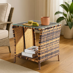 HAOYYE Glass Surface Rattan Side Table with Yellow Gradient Iron Frame Modern Boho Style Accent Table for Living Room Bedroom Patio Balcony Indoor Outdoor Use Decorative Round End Table with Durable and Stylish Design