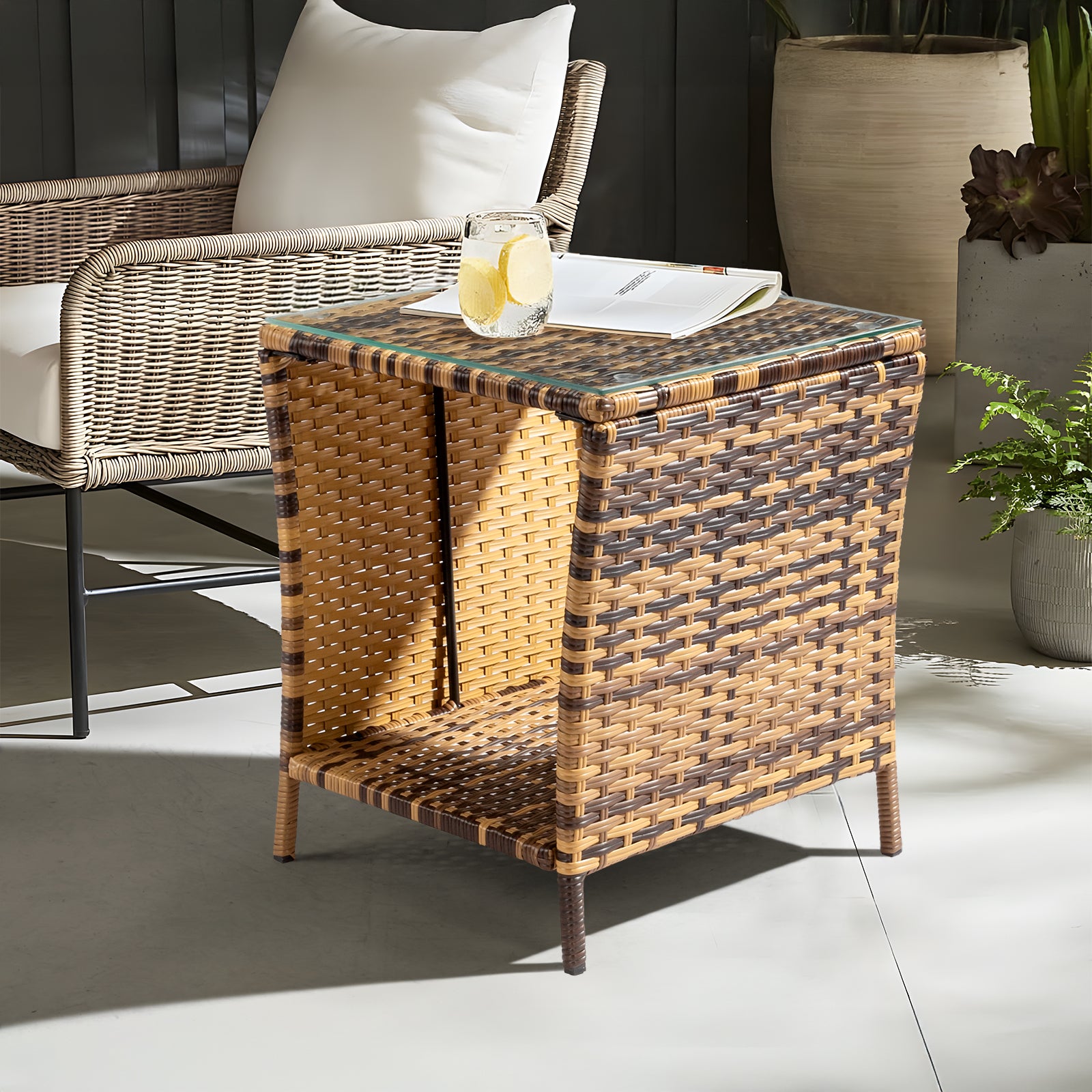 HAOYYE Glass Surface Rattan Side Table with Yellow Gradient Iron Frame Modern Boho Style Accent Table for Living Room Bedroom Patio Balcony Indoor Outdoor Use Decorative Round End Table with Durable and Stylish Design