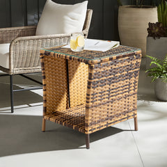 HAOYYE Glass Surface Rattan Side Table with Yellow Gradient Iron Frame Modern Boho Style Accent Table for Living Room Bedroom Patio Balcony Indoor Outdoor Use Decorative Round End Table with Durable and Stylish Design