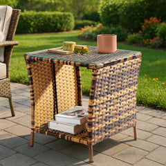 HAOYYE Glass Surface Rattan Side Table with Yellow Gradient Iron Frame Modern Boho Style Accent Table for Living Room Bedroom Patio Balcony Indoor Outdoor Use Decorative Round End Table with Durable and Stylish Design