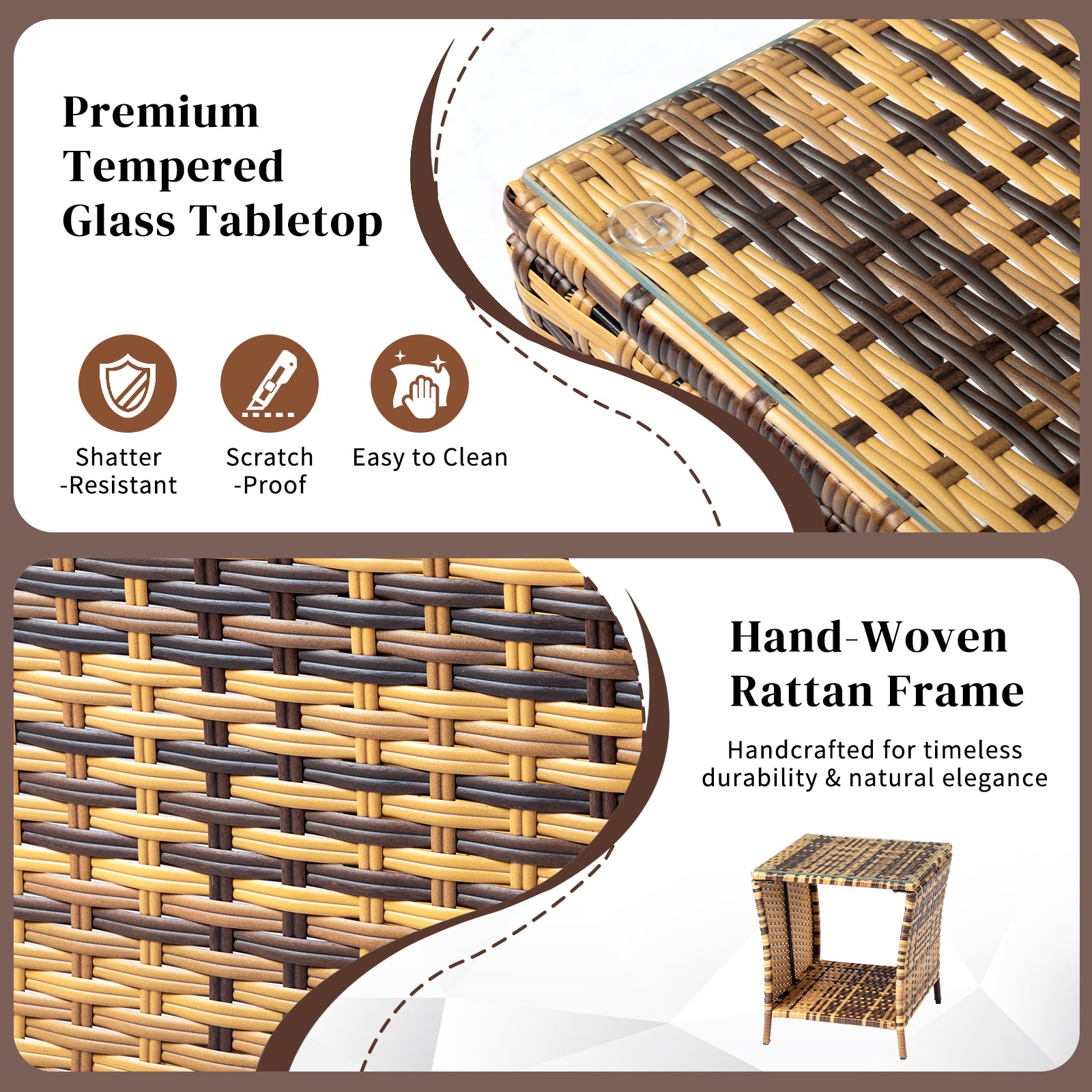 HAOYYE Glass Surface Rattan Side Table with Yellow Gradient Iron Frame Modern Boho Style Accent Table for Living Room Bedroom Patio Balcony Indoor Outdoor Use Decorative Round End Table with Durable and Stylish Design