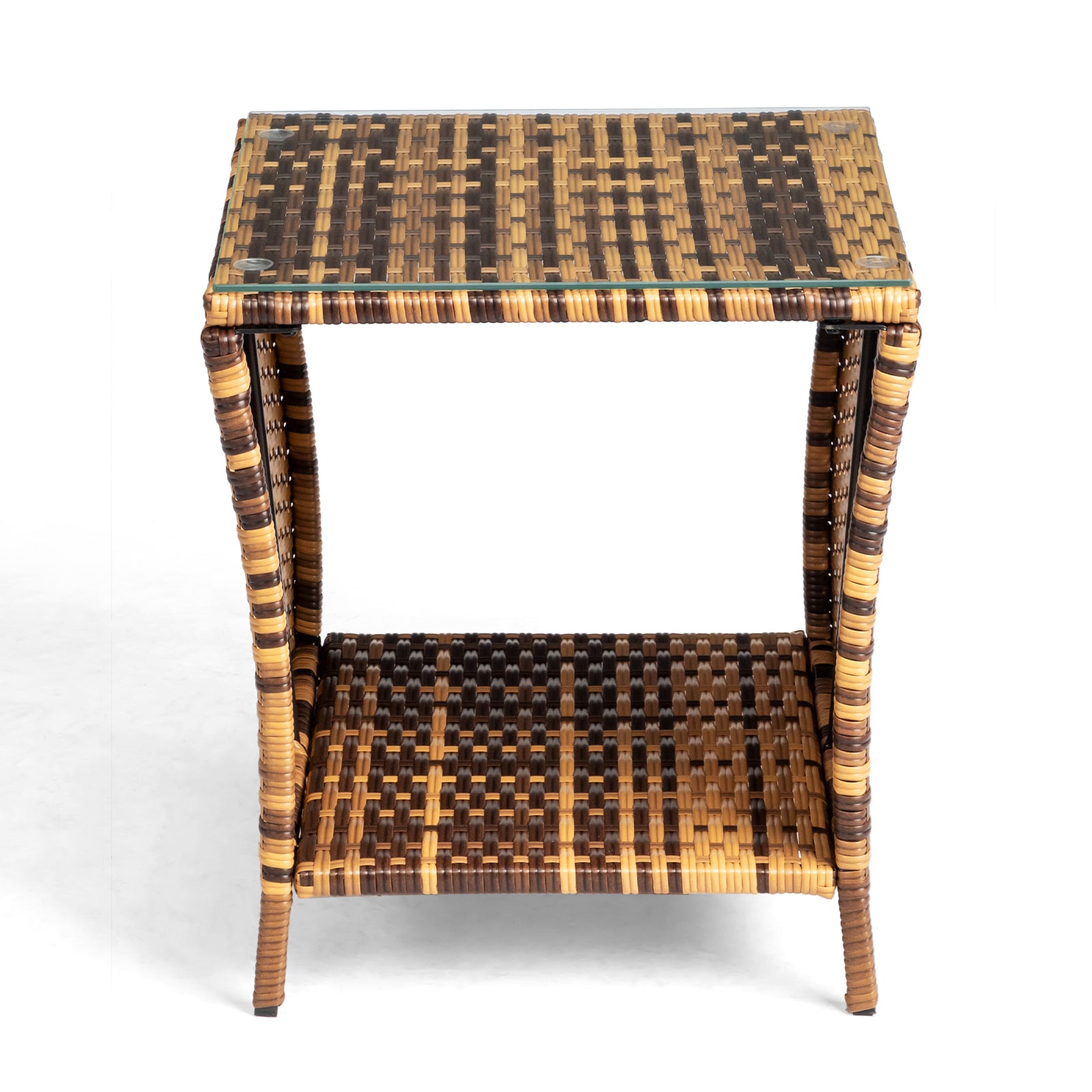 HAOYYE Glass Surface Rattan Side Table with Yellow Gradient Iron Frame Modern Boho Style Accent Table for Living Room Bedroom Patio Balcony Indoor Outdoor Use Decorative Round End Table with Durable and Stylish Design