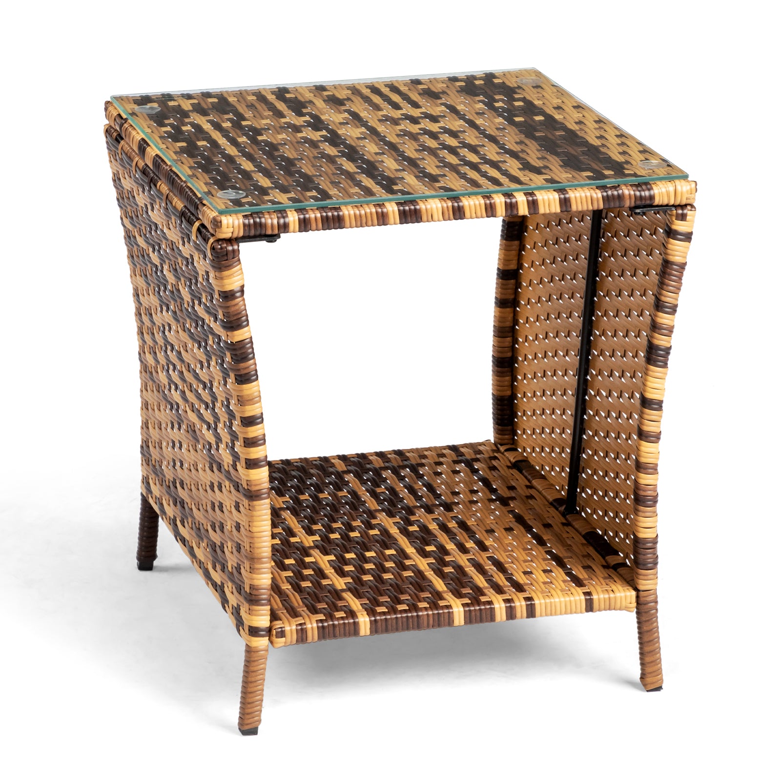 HAOYYE Glass Surface Rattan Side Table with Yellow Gradient Iron Frame Modern Boho Style Accent Table for Living Room Bedroom Patio Balcony Indoor Outdoor Use Decorative Round End Table with Durable and Stylish Design