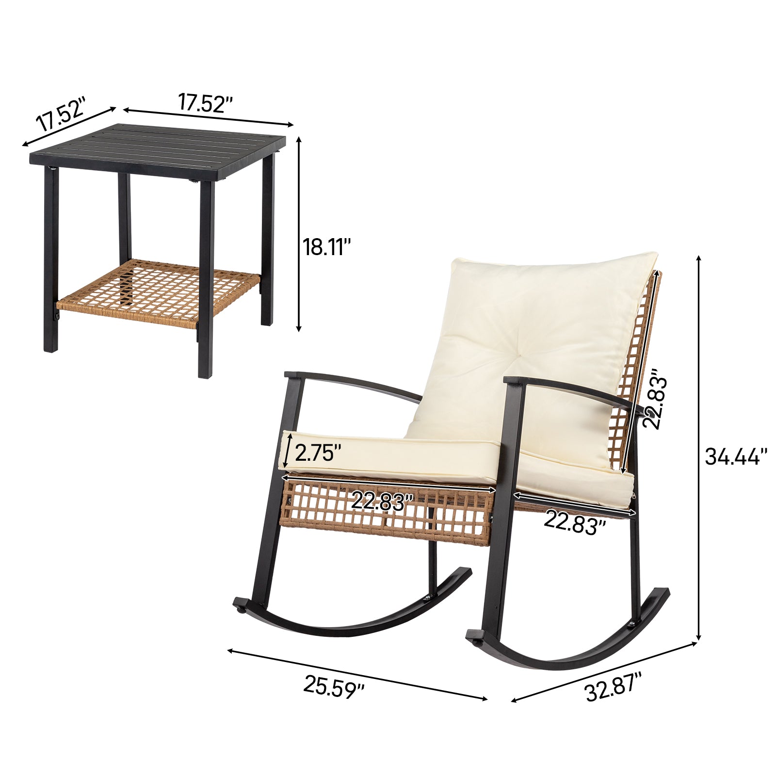 HAOYYE 3-Piece Rattan Patio Set With 1 Side Table And 2 Rocking Chairs Featuring Light Yellow Sparse Woven Backrest And Comfortable White Cushions, Durable Outdoor Furniture For Porch, Balcony, Or Garden