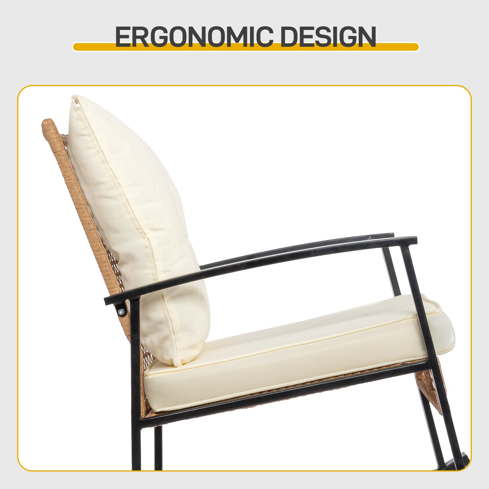 HAOYYE 3-Piece Rattan Patio Set With 1 Side Table And 2 Rocking Chairs Featuring Light Yellow Sparse Woven Backrest And Comfortable White Cushions, Durable Outdoor Furniture For Porch, Balcony, Or Garden