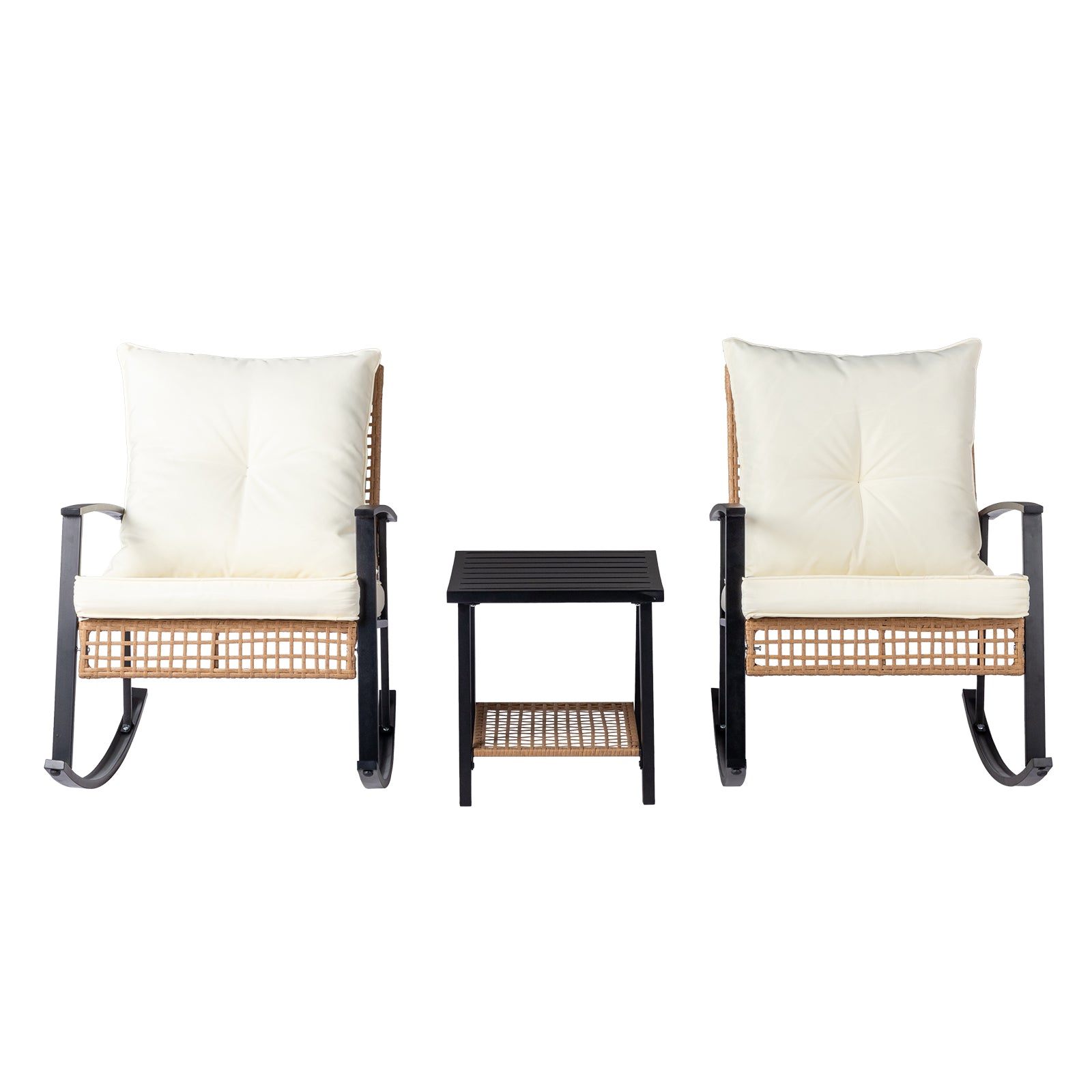 HAOYYE 3-Piece Rattan Patio Set With 1 Side Table And 2 Rocking Chairs Featuring Light Yellow Sparse Woven Backrest And Comfortable White Cushions, Durable Outdoor Furniture For Porch, Balcony, Or Garden