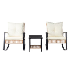 HAOYYE 3-Piece Rattan Patio Set With 1 Side Table And 2 Rocking Chairs Featuring Light Yellow Sparse Woven Backrest And Comfortable White Cushions, Durable Outdoor Furniture For Porch, Balcony, Or Garden
