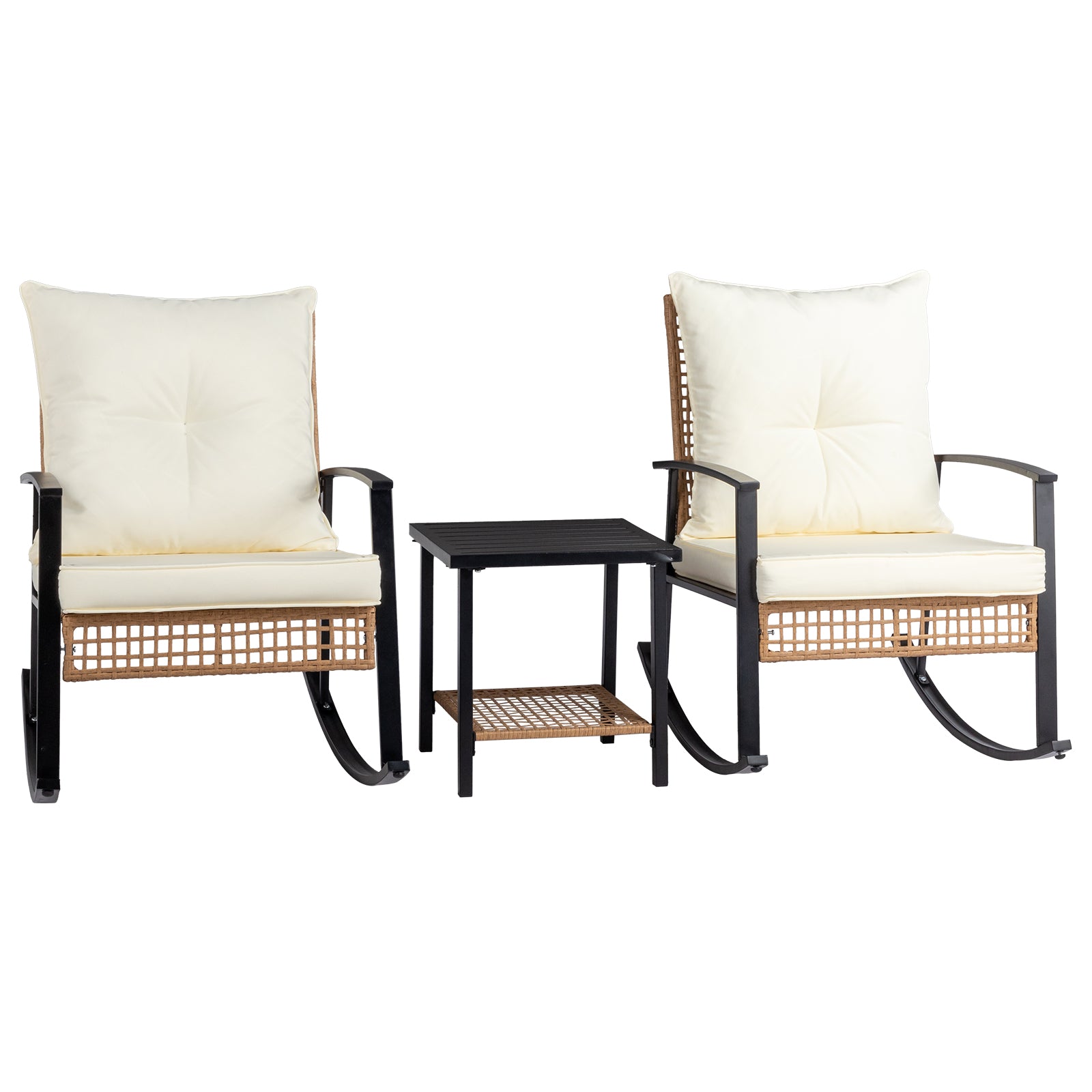 HAOYYE 3-Piece Rattan Patio Set With 1 Side Table And 2 Rocking Chairs Featuring Light Yellow Sparse Woven Backrest And Comfortable White Cushions, Durable Outdoor Furniture For Porch, Balcony, Or Garden