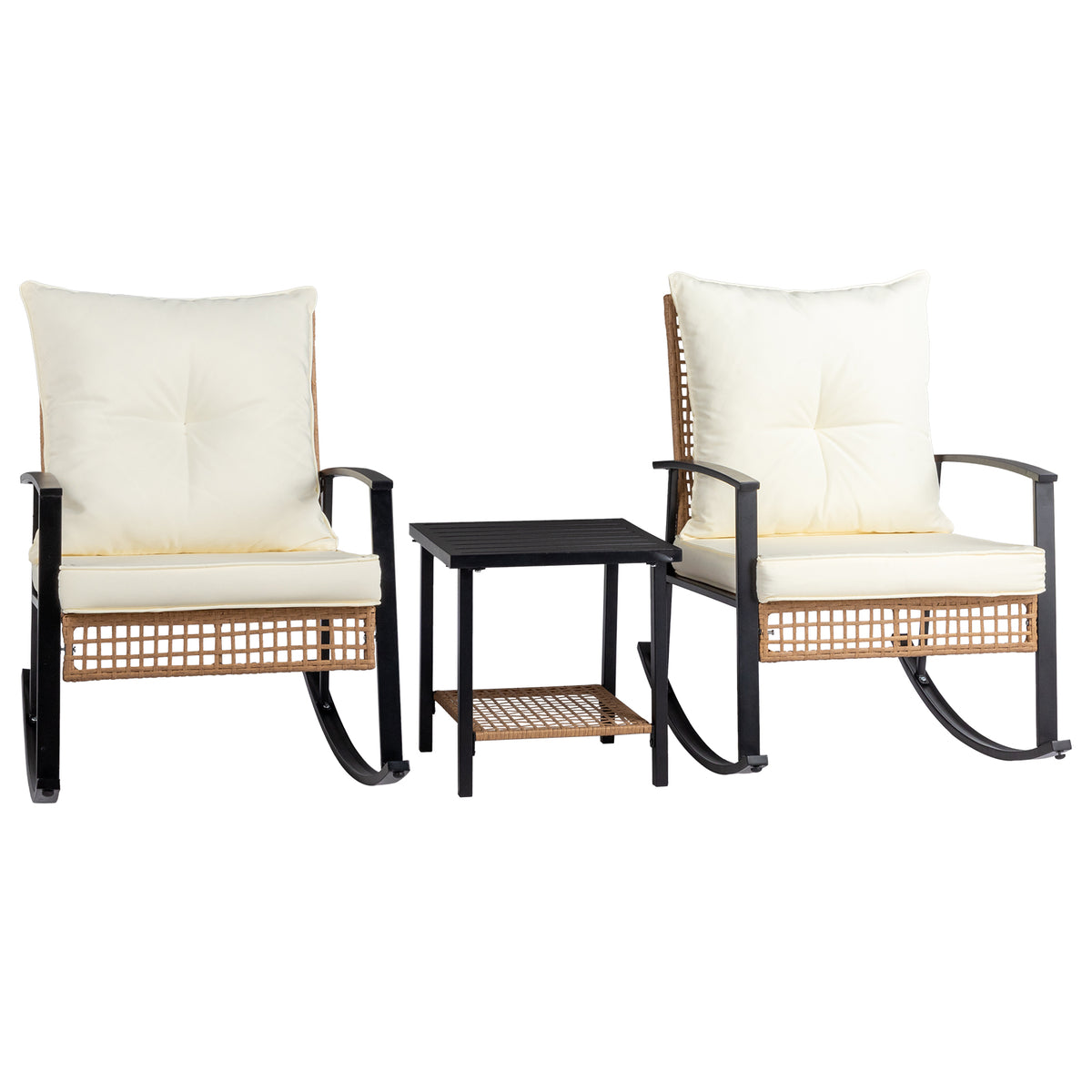 HAOYYE 3-Piece Rattan Patio Set With 1 Side Table And 2 Rocking Chairs Featuring Light Yellow Sparse Woven Backrest And Comfortable White Cushions, Durable Outdoor Furniture For Porch, Balcony, Or Garden