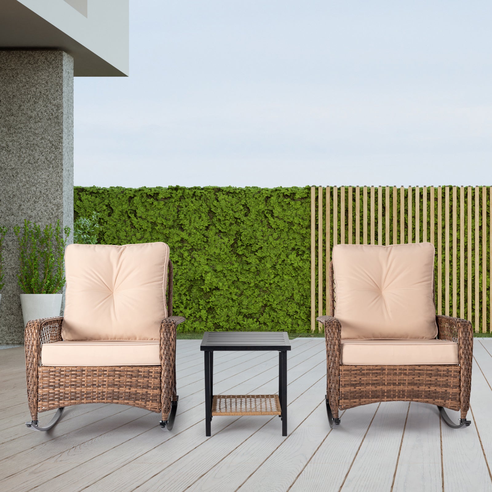 HAOYYE Rattan Rocking Chair with Sparse Backrest Brown PE Wicker Porch Rocker with Beige Cushions Comfortable Patio Rocking Armchair for Balcony Garden Living Room Indoor Outdoor Furniture