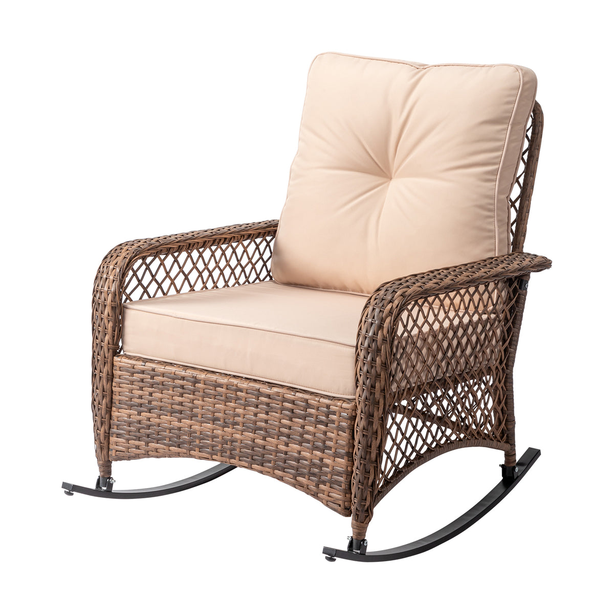 HAOYYE Rattan Rocking Chair with Sparse Backrest Brown PE Wicker Porch Rocker with Beige Cushions Comfortable Patio Rocking Armchair for Balcony Garden Living Room Indoor Outdoor Furniture