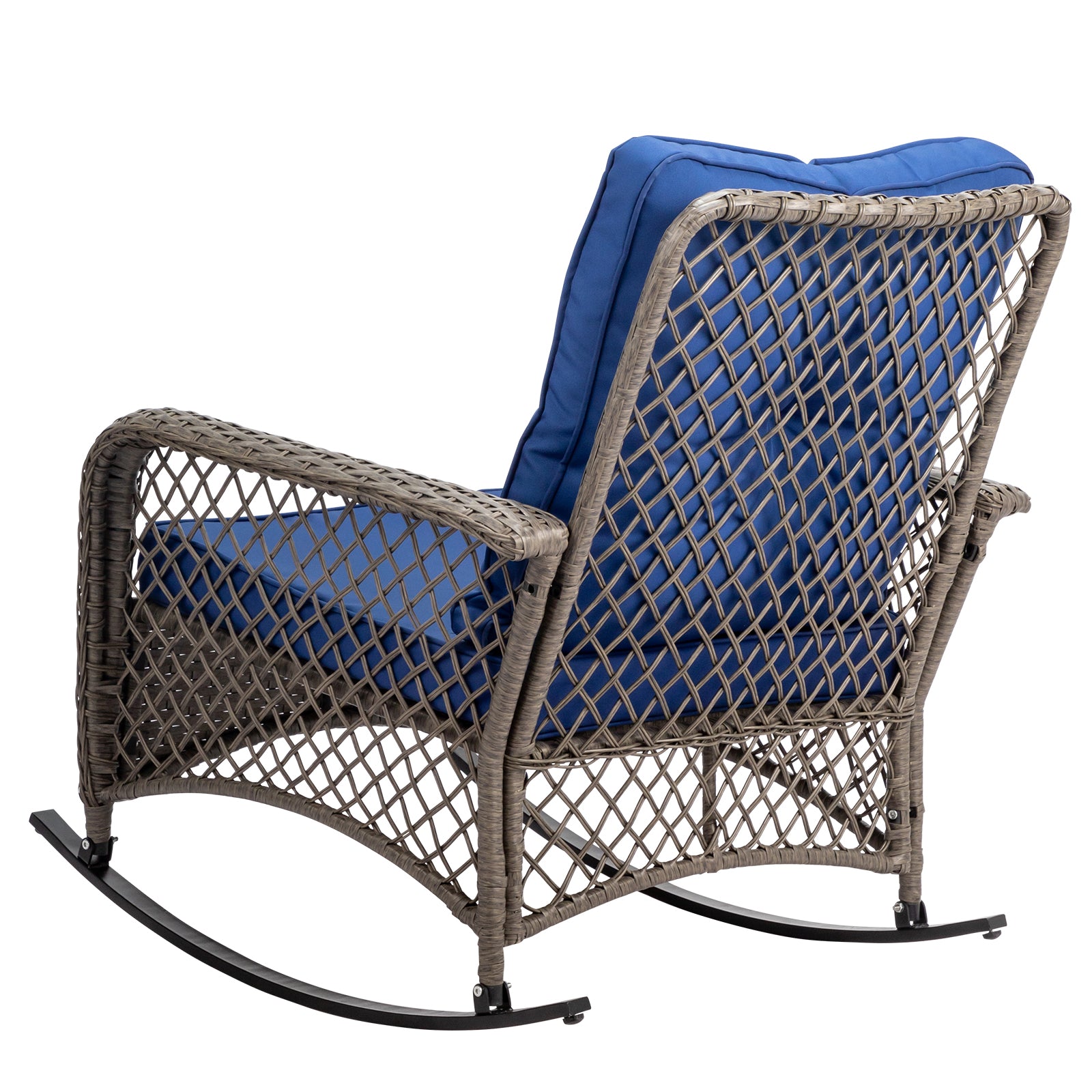HAOYYE Rattan Rocking Chair with Sparse Backrest and Comfortable Blue Cushion, Grey PE Wicker Outdoor Patio Rocker Chair for Porch Balcony Garden or Indoor Lounge Seating Furniture