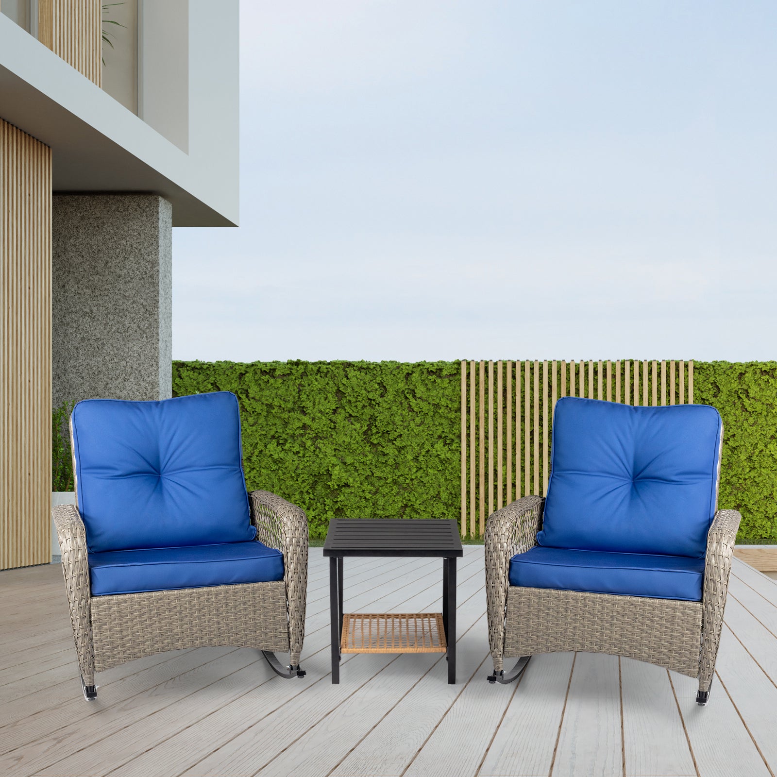 HAOYYE Rattan Rocking Chair with Sparse Backrest and Comfortable Blue Cushion, Grey PE Wicker Outdoor Patio Rocker Chair for Porch Balcony Garden or Indoor Lounge Seating Furniture