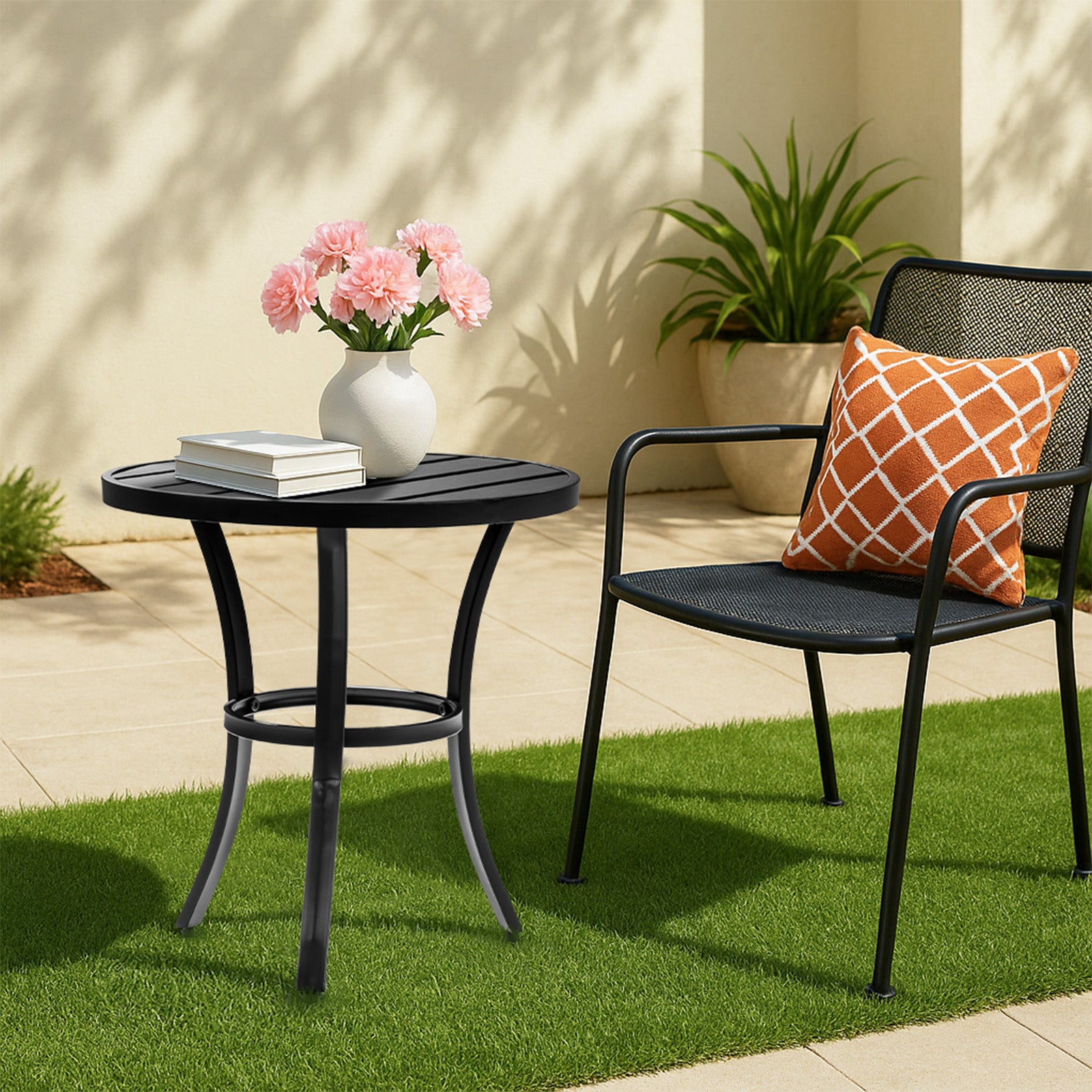 HAOYYE Outdoor Round Side Table Small Metal Patio End Table Coffee Bistro Table Versatile Black Finish Durable Weather-Resistant Design Perfect for Indoor and Outdoor Use Balcony Living Room Patio