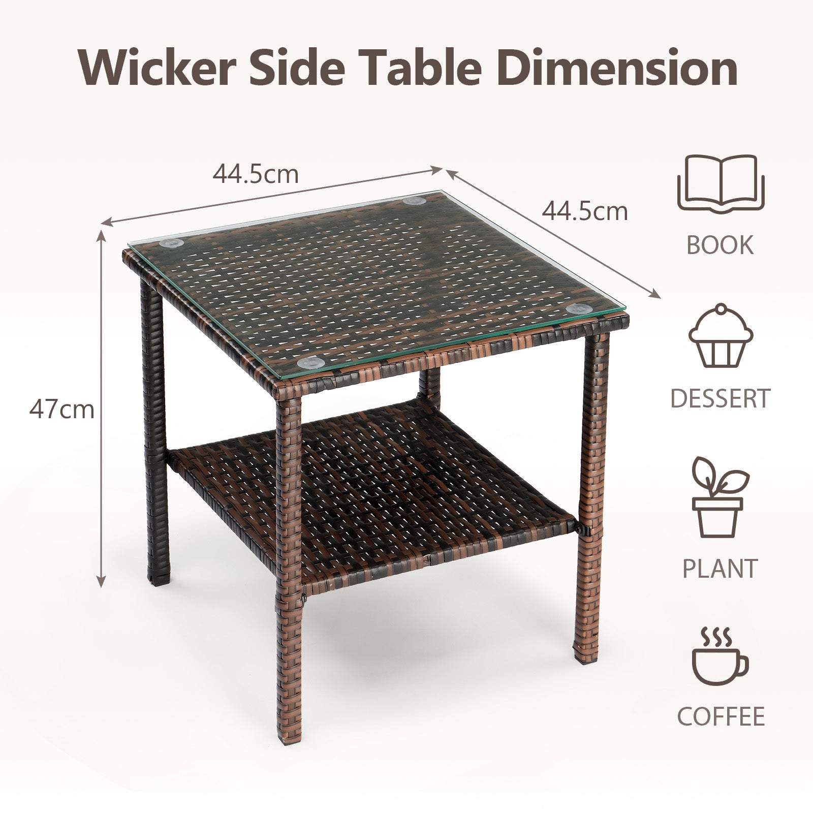 HAOYYE Square Rattan Side Table with Double Layer Glass Top, Modern Outdoor End Table with Brown Gradient PE Wicker and Steel Frame, Stylish Patio Coffee Table for Balcony Garden Deck or Poolside