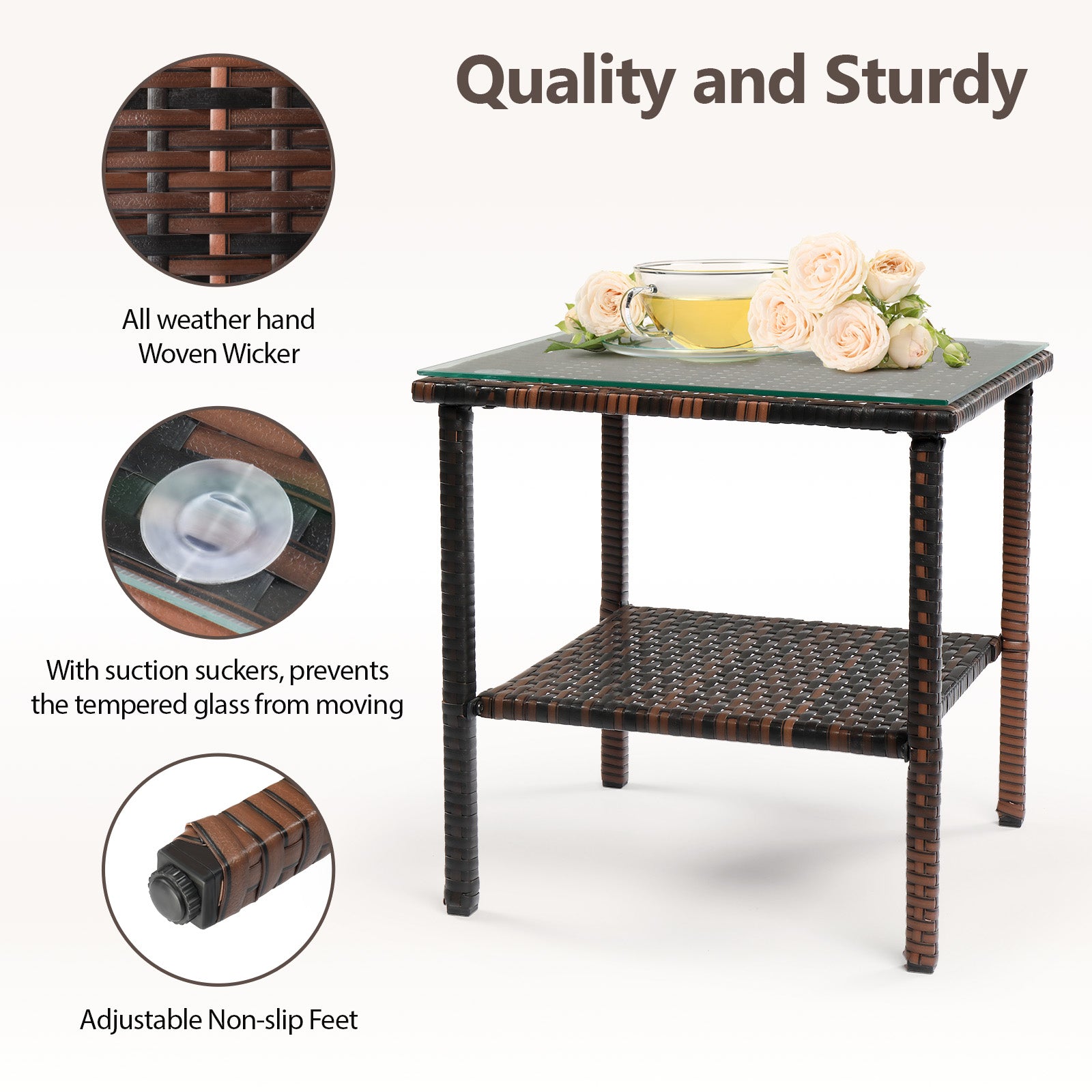 HAOYYE Square Rattan Side Table with Double Layer Glass Top, Modern Outdoor End Table with Brown Gradient PE Wicker and Steel Frame, Stylish Patio Coffee Table for Balcony Garden Deck or Poolside