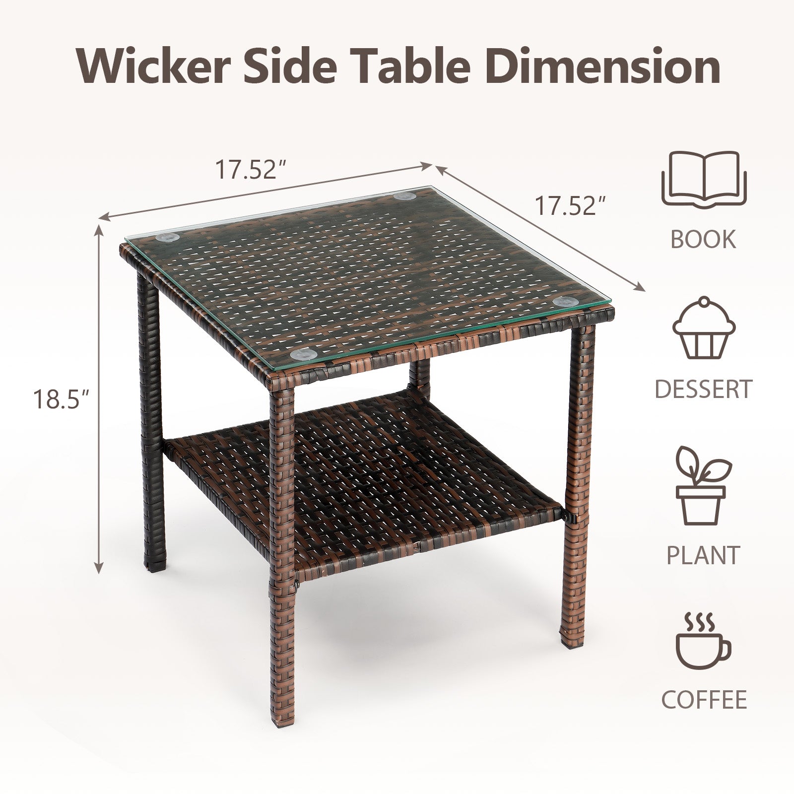 HAOYYE Square Rattan Side Table with Double Layer Glass Top, Modern Outdoor End Table with Brown Gradient PE Wicker and Steel Frame, Stylish Patio Coffee Table for Balcony Garden Deck or Poolside