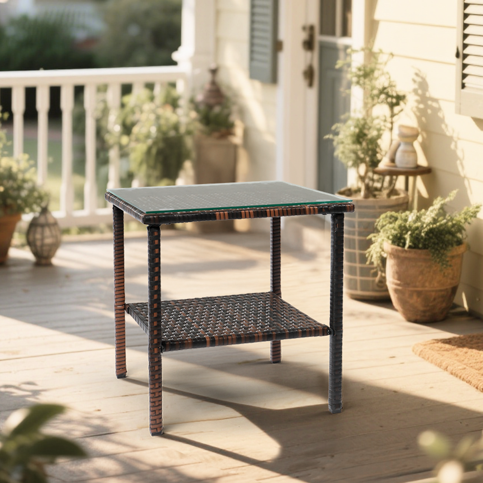 HAOYYE Square Rattan Side Table with Double Layer Glass Top, Modern Outdoor End Table with Brown Gradient PE Wicker and Steel Frame, Stylish Patio Coffee Table for Balcony Garden Deck or Poolside