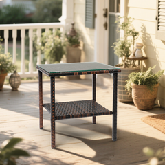 HAOYYE Square Rattan Side Table with Double Layer Glass Top, Modern Outdoor End Table with Brown Gradient PE Wicker and Steel Frame, Stylish Patio Coffee Table for Balcony Garden Deck or Poolside
